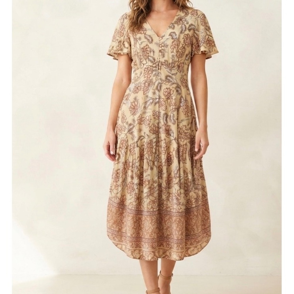 Japna Women's Medium Beige Floral Print V-Neck Short Sleeve Midi Dress Rayon
